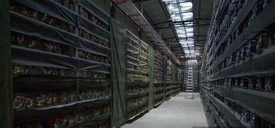 A large-scale mining farm bustling with thousands of operational miners under advanced hosting